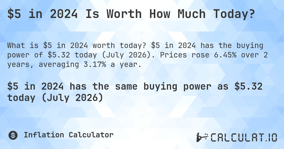 $5 in 2024 Is Worth How Much Today?. $5 in 2024 has the buying power of $5.32 today (July 2026). Prices rose 6.45% over 2 years, averaging 3.17% a year.