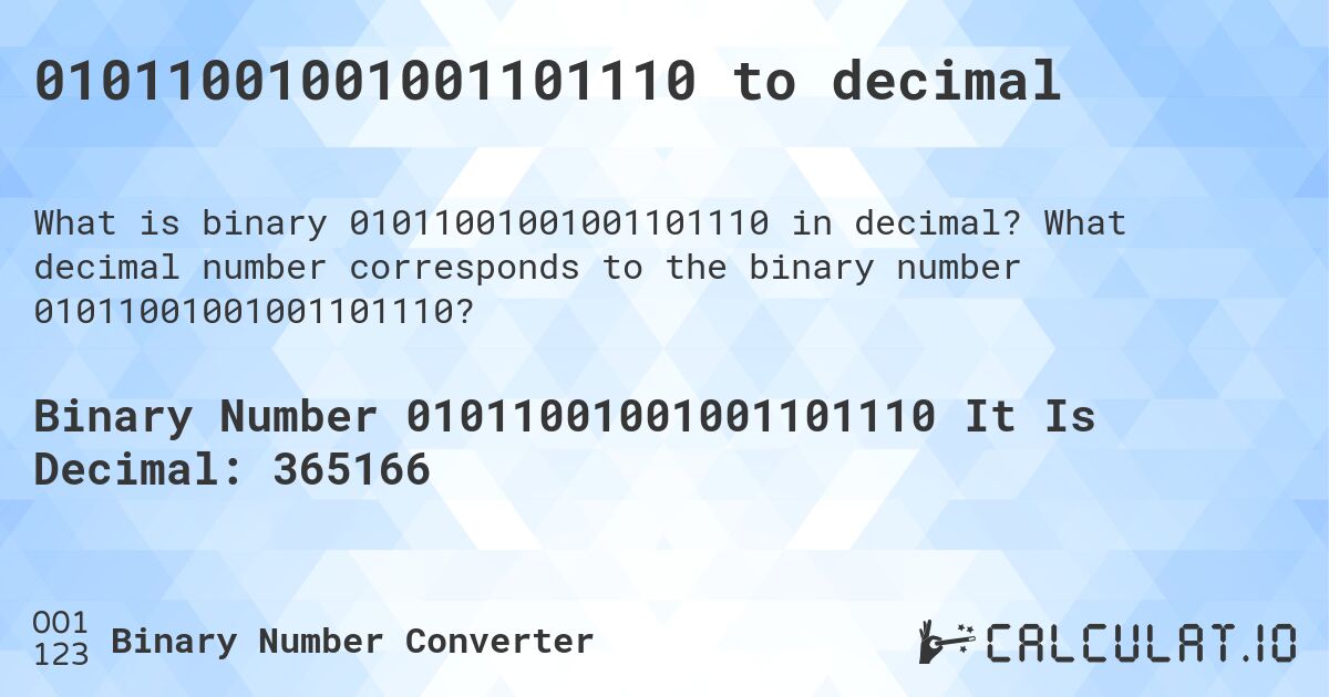 01011001001001101110 to decimal. What decimal number corresponds to the binary number 01011001001001101110?