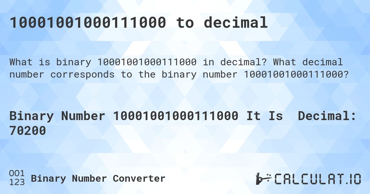 10001001000111000 to decimal. What decimal number corresponds to the binary number 10001001000111000?
