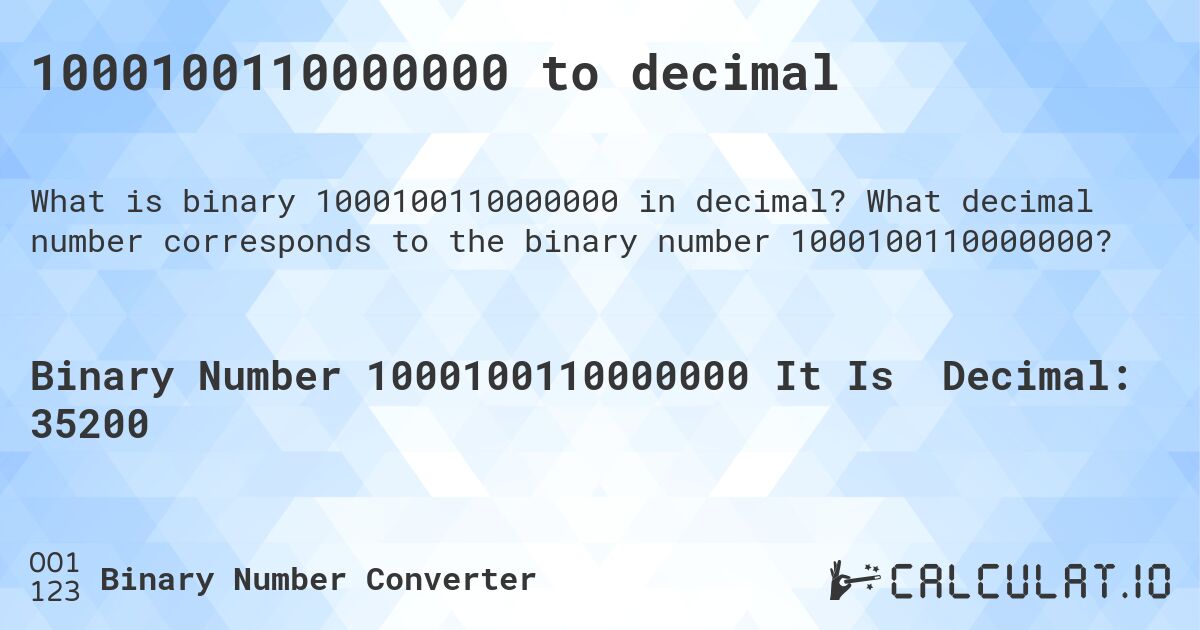 1000100110000000 to decimal. What decimal number corresponds to the binary number 1000100110000000?