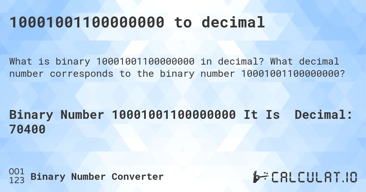 10001001100000000 to decimal. What decimal number corresponds to the binary number 10001001100000000?