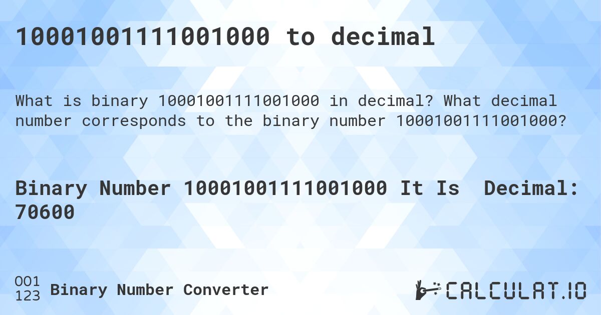 10001001111001000 to decimal. What decimal number corresponds to the binary number 10001001111001000?