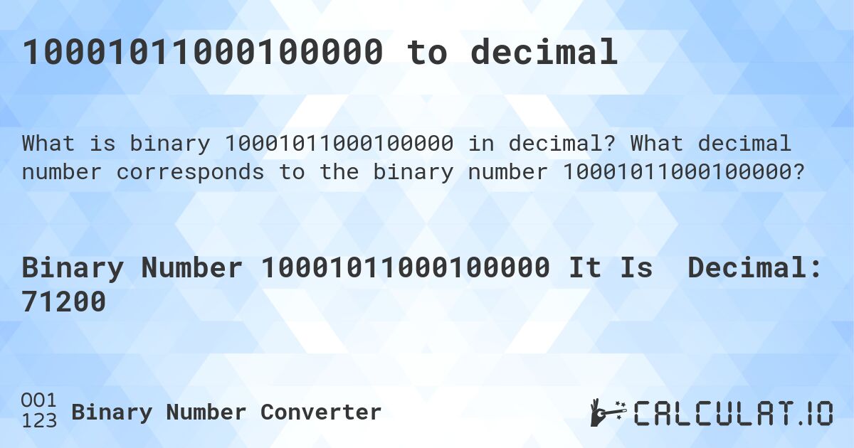 10001011000100000 to decimal. What decimal number corresponds to the binary number 10001011000100000?