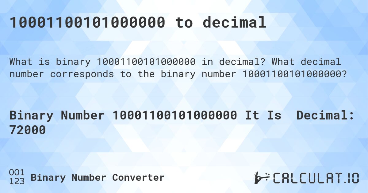 10001100101000000 to decimal. What decimal number corresponds to the binary number 10001100101000000?