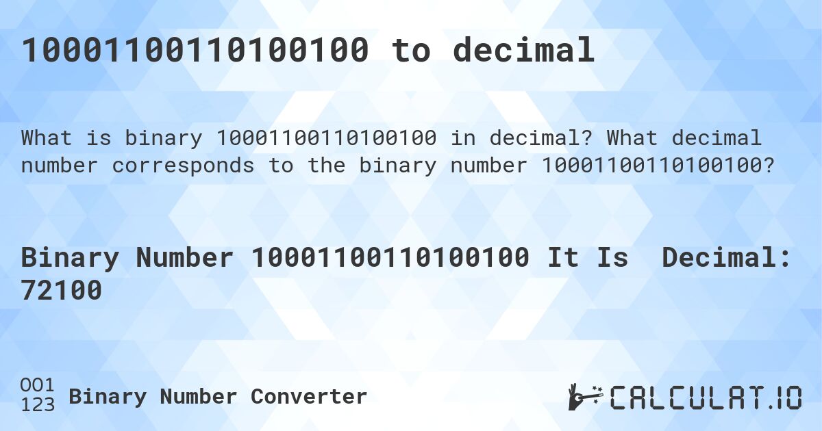 10001100110100100 to decimal. What decimal number corresponds to the binary number 10001100110100100?