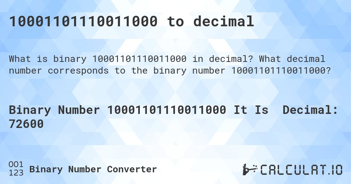10001101110011000 to decimal. What decimal number corresponds to the binary number 10001101110011000?