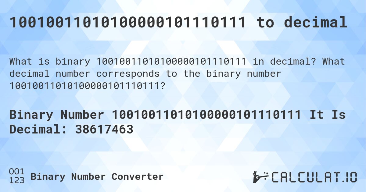 10010011010100000101110111 to decimal. What decimal number corresponds to the binary number 10010011010100000101110111?