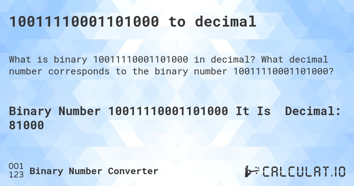 10011110001101000 to decimal. What decimal number corresponds to the binary number 10011110001101000?