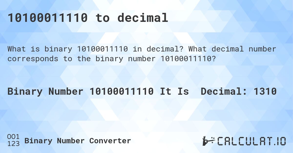 10100011110 to decimal. What decimal number corresponds to the binary number 10100011110?