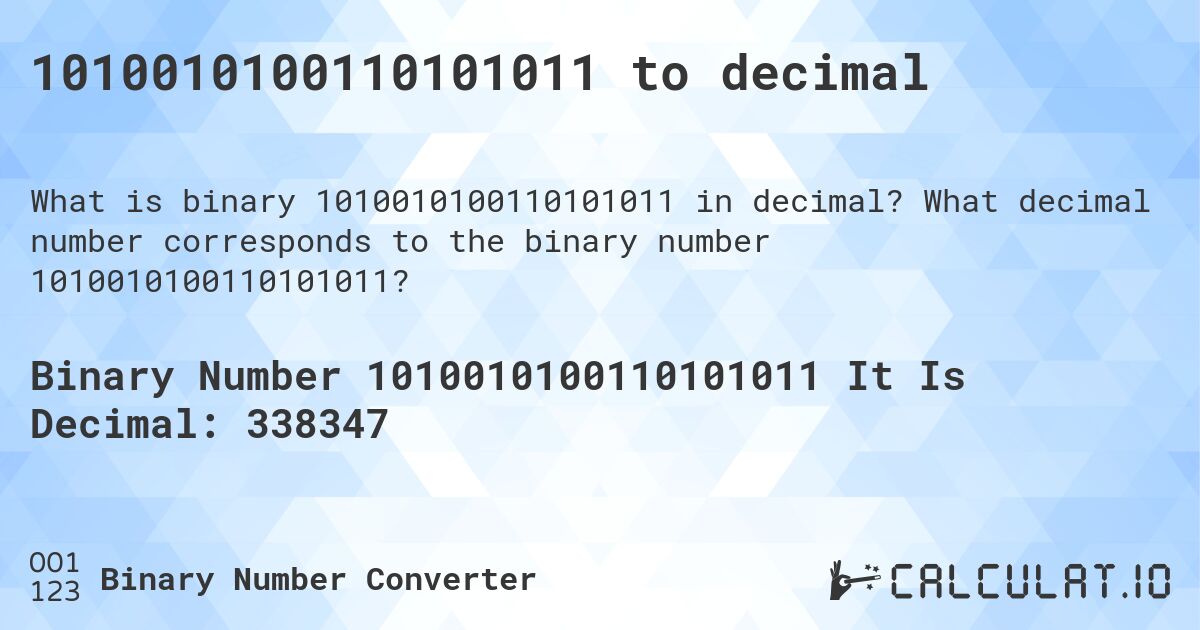 1010010100110101011 to decimal. What decimal number corresponds to the binary number 1010010100110101011?