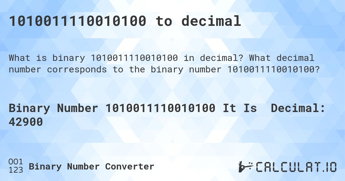 1010011110010100 to decimal. What decimal number corresponds to the binary number 1010011110010100?