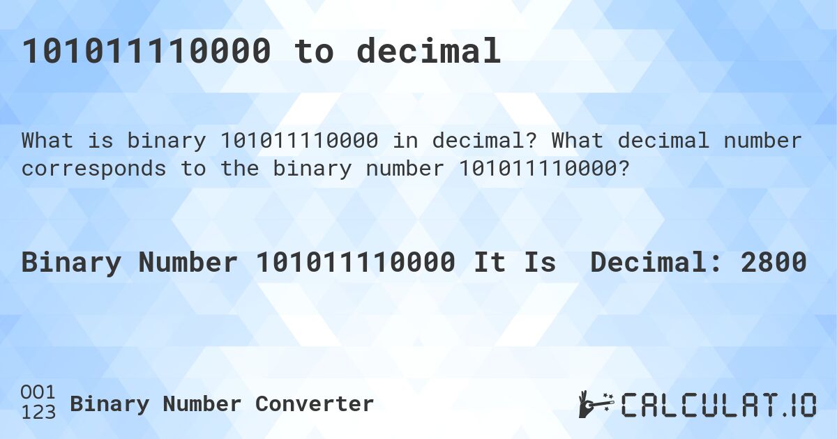 101011110000 to decimal. What decimal number corresponds to the binary number 101011110000?