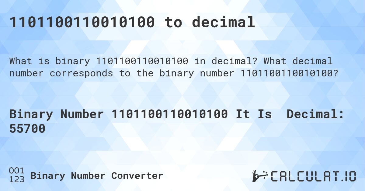 1101100110010100 to decimal. What decimal number corresponds to the binary number 1101100110010100?