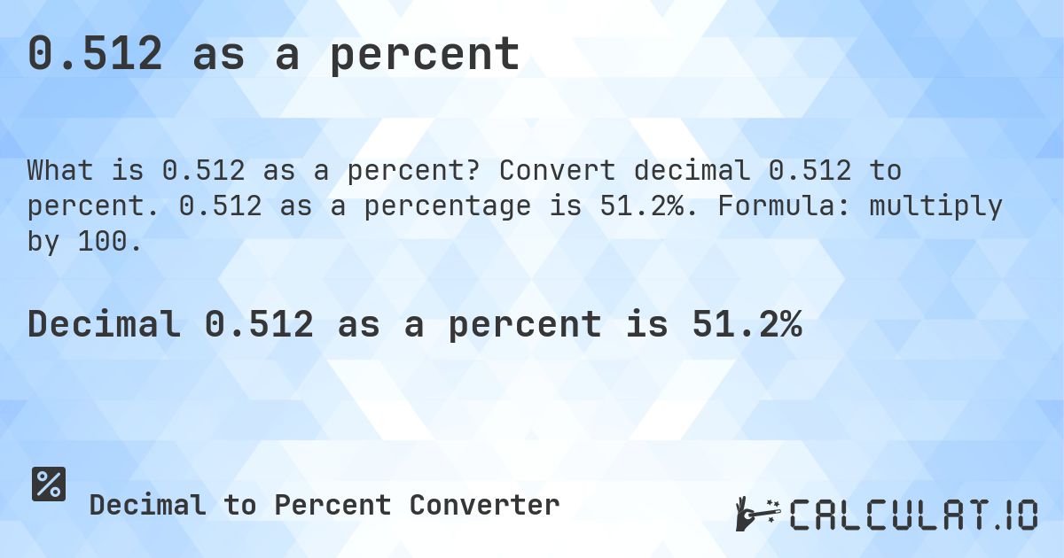 0.512 as a percent. Convert decimal 0.512 to percent. 0.512 as a percentage is 51.2%. Formula: multiply by 100.