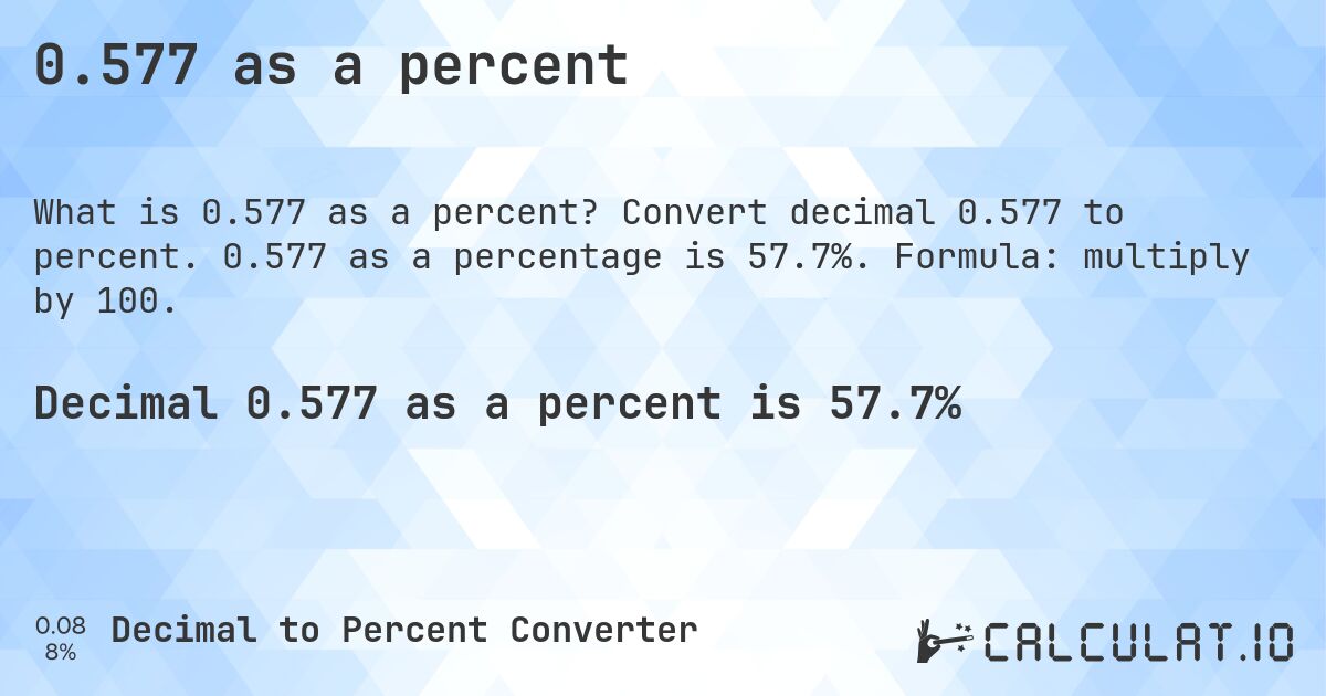 0.577 as a percent. Convert decimal 0.577 to percent. 0.577 as a percentage is 57.7%. Formula: multiply by 100.