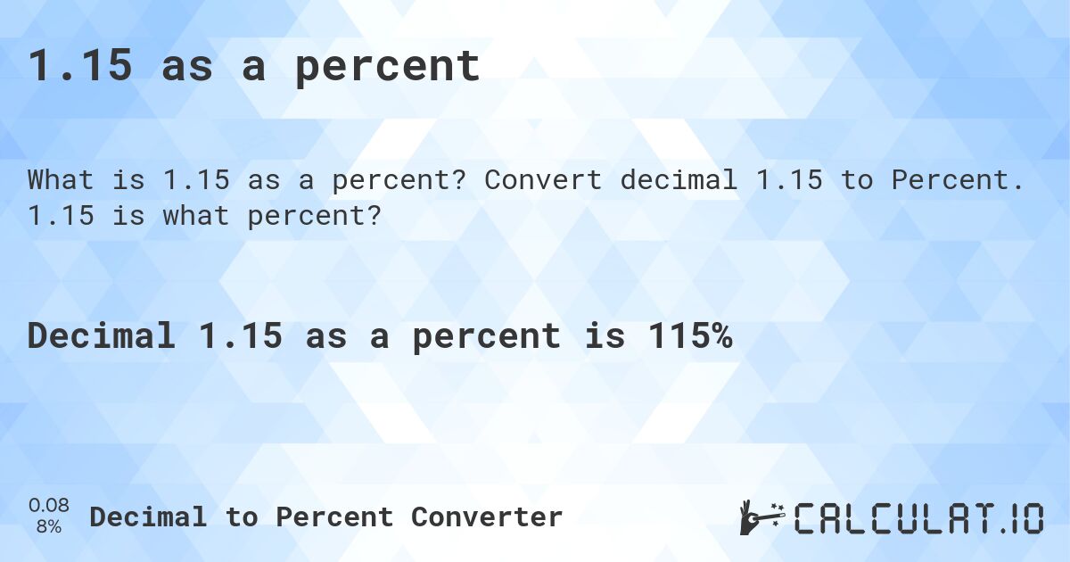 1.15 as a percent. Convert decimal 1.15 to Percent. 1.15 is what percent?