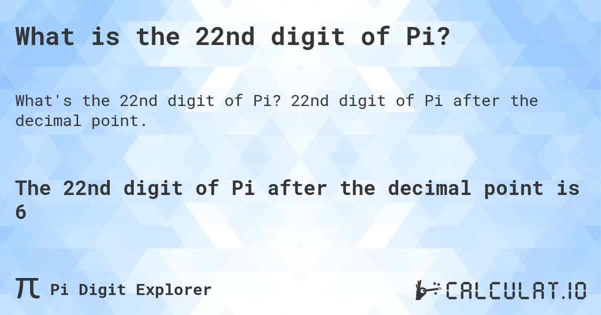 What is the 22nd digit of Pi?. 22nd digit of Pi after the decimal point.