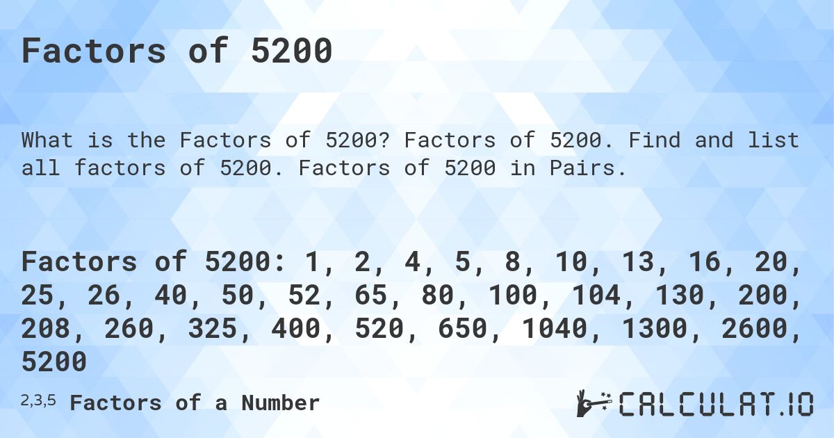 Factors of 5200. Factors of 5200. Find and list all factors of 5200. Factors of 5200 in Pairs.