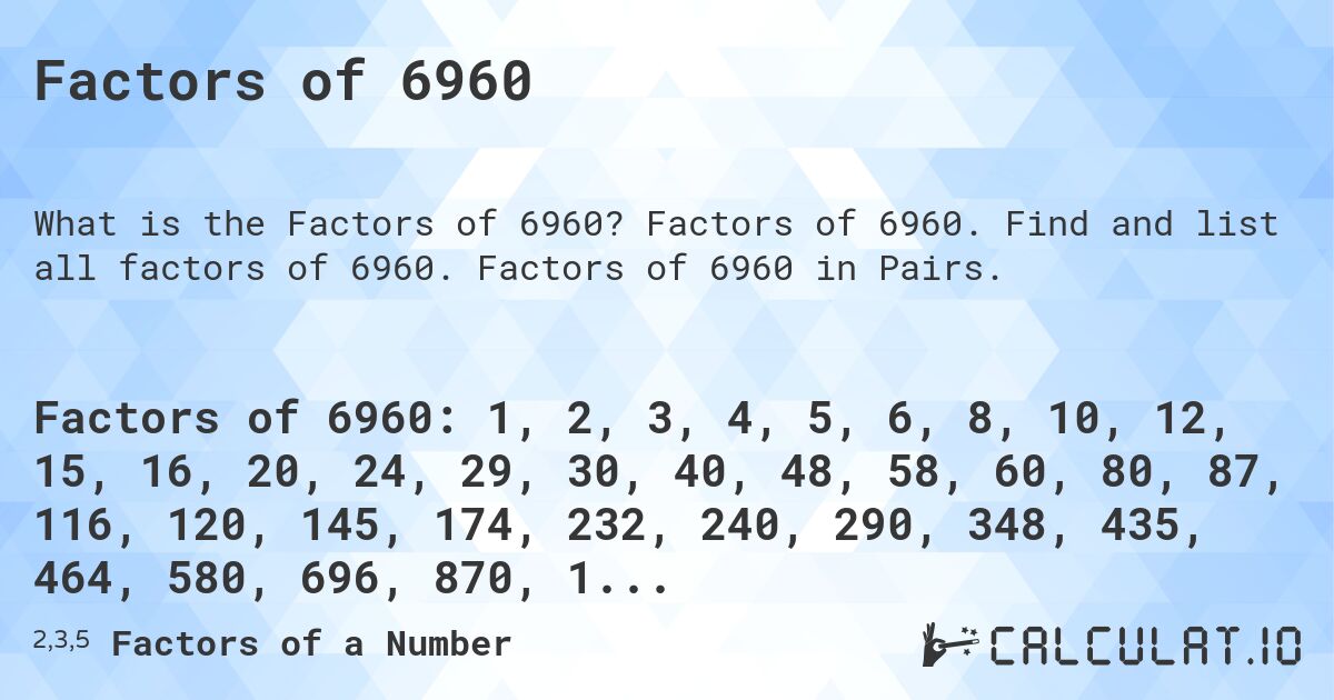 Factors of 6960. Factors of 6960. Find and list all factors of 6960. Factors of 6960 in Pairs.