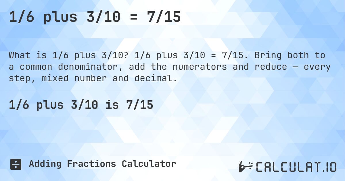 1/6 plus 3/10 = 7/15. 1/6 plus 3/10 = 7/15. Bring both to a common denominator, add the numerators and reduce — every step, mixed number and decimal.