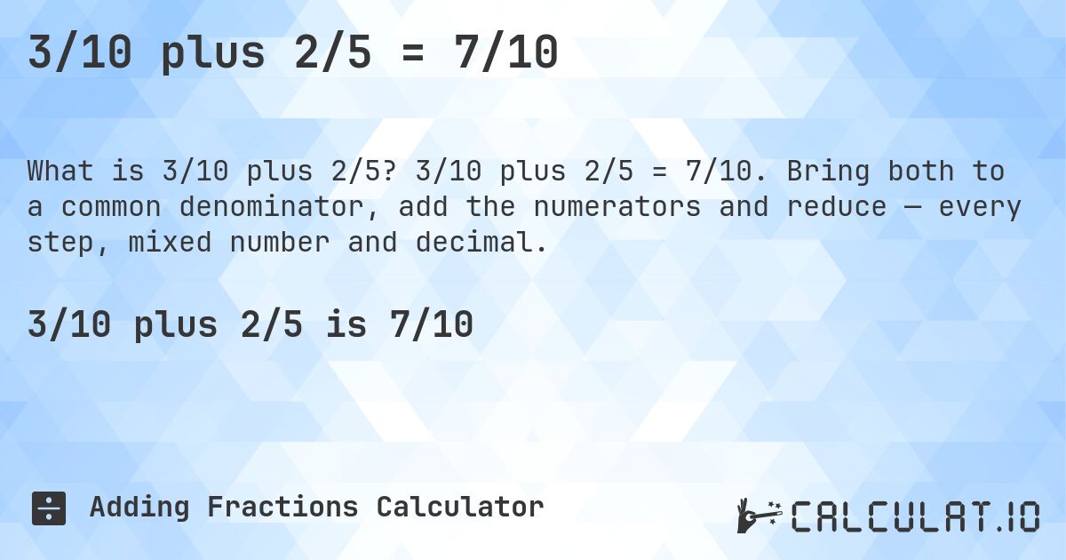 3/10 plus 2/5 = 7/10. 3/10 plus 2/5 = 7/10. Bring both to a common denominator, add the numerators and reduce — every step, mixed number and decimal.