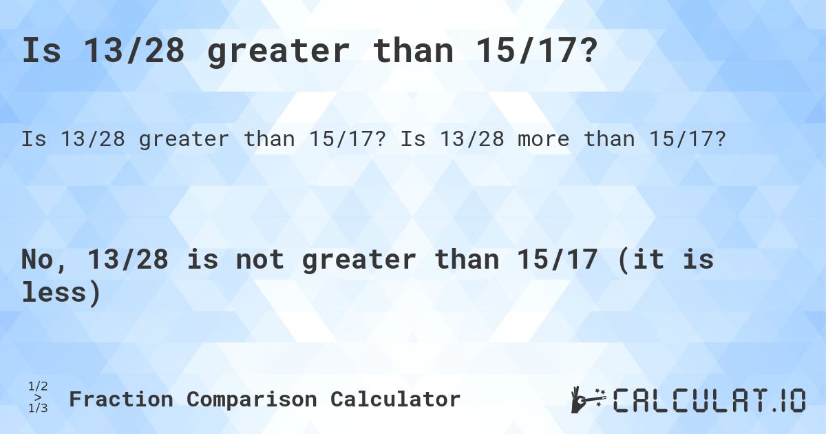 Is 13/28 greater than 15/17?. Is 13/28 more than 15/17?