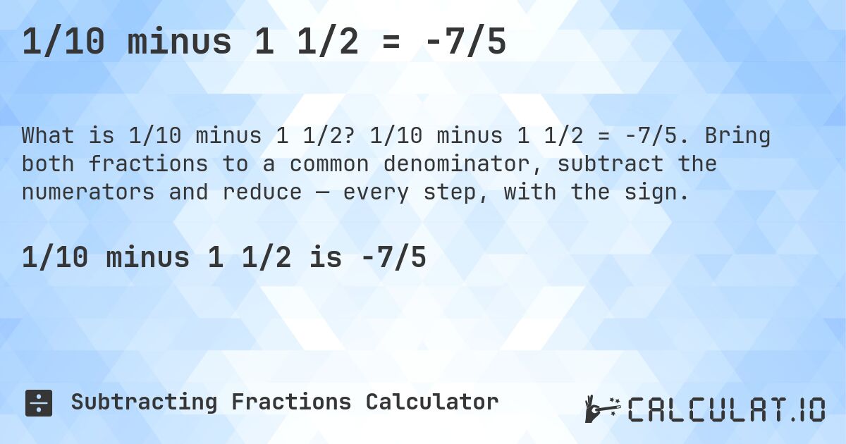 1/10 minus 1 1/2 = -7/5. 1/10 minus 1 1/2 = -7/5. Bring both fractions to a common denominator, subtract the numerators and reduce — every step, with the sign.