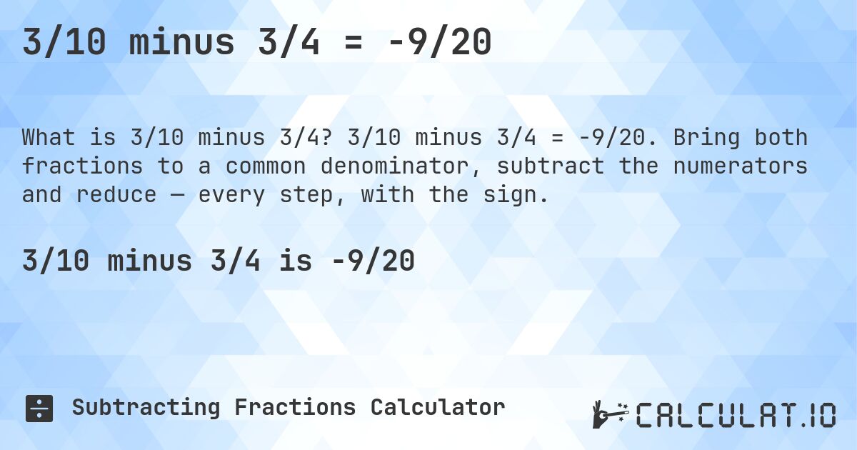 3/10 minus 3/4 = -9/20. 3/10 minus 3/4 = -9/20. Bring both fractions to a common denominator, subtract the numerators and reduce — every step, with the sign.