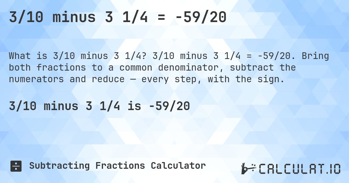 3/10 minus 3 1/4 = -59/20. 3/10 minus 3 1/4 = -59/20. Bring both fractions to a common denominator, subtract the numerators and reduce — every step, with the sign.