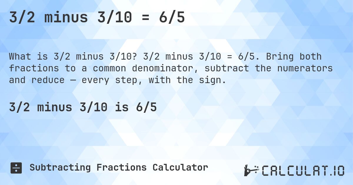 3/2 minus 3/10 = 6/5. 3/2 minus 3/10 = 6/5. Bring both fractions to a common denominator, subtract the numerators and reduce — every step, with the sign.