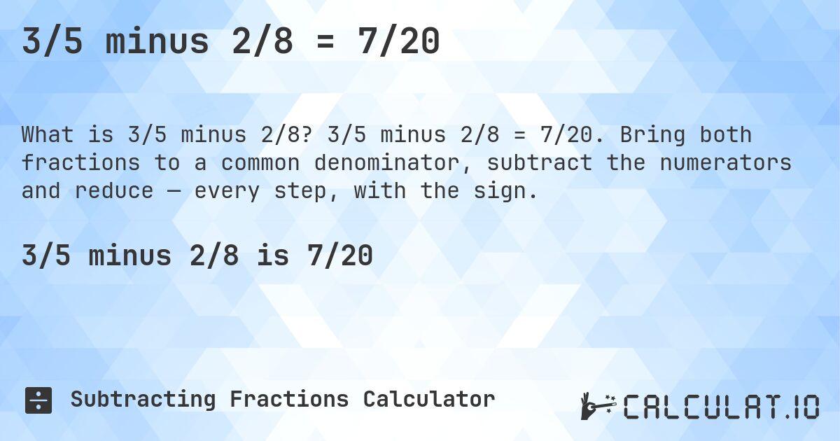 3/5 minus 2/8 = 7/20. 3/5 minus 2/8 = 7/20. Bring both fractions to a common denominator, subtract the numerators and reduce — every step, with the sign.