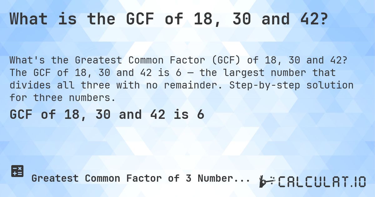 What is the GCF of 18, 30 and 42?. The GCF of 18, 30 and 42 is 6 — the largest number that divides all three with no remainder. Step-by-step solution for three numbers.