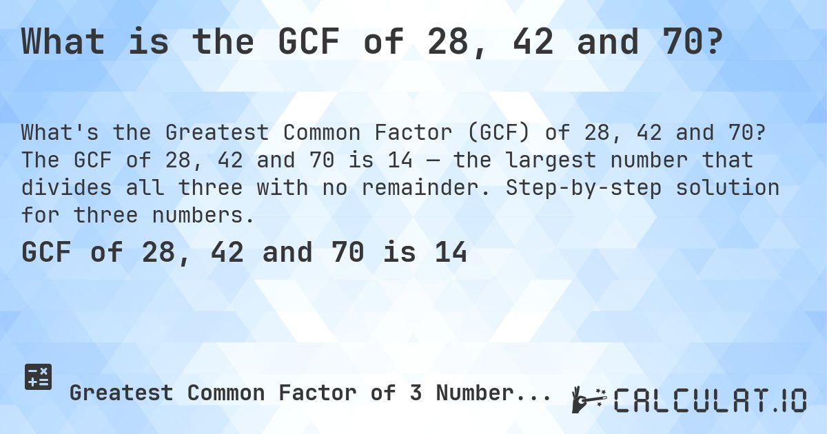 What is the GCF of 28, 42 and 70?. The GCF of 28, 42 and 70 is 14 — the largest number that divides all three with no remainder. Step-by-step solution for three numbers.