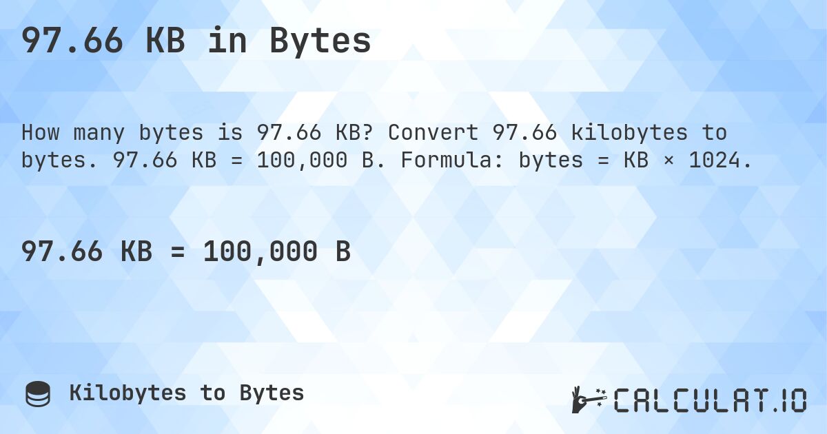 97.66 KB in Bytes. Convert 97.66 kilobytes to bytes. 97.66 KB = 100,000 B. Formula: bytes = KB × 1024.