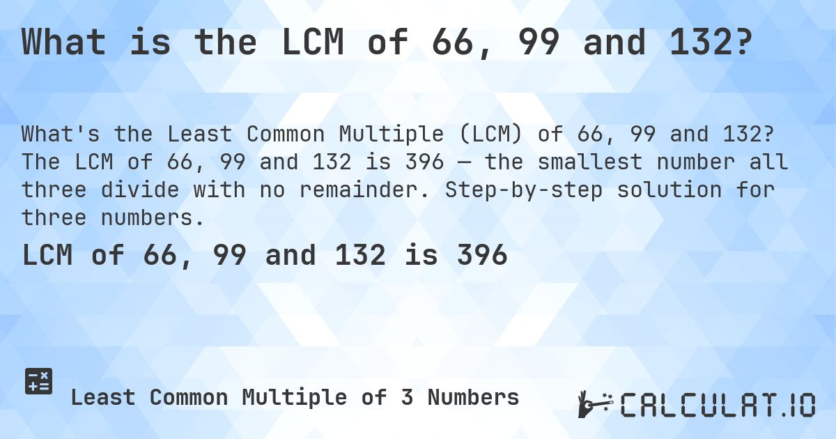 What is the LCM of 66, 99 and 132?. The LCM of 66, 99 and 132 is 396 — the smallest number all three divide with no remainder. Step-by-step solution for three numbers.