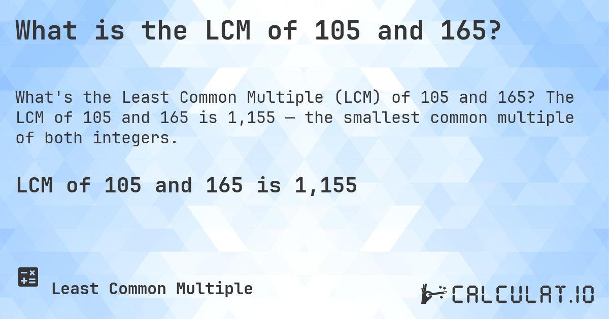 What is the LCM of 105 and 165?. The LCM of 105 and 165 is 1,155 — the smallest common multiple of both integers.