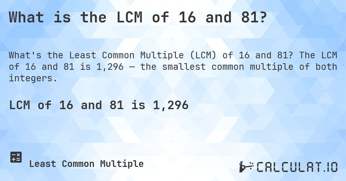 What is the LCM of 16 and 81?. The LCM of 16 and 81 is 1,296 — the smallest common multiple of both integers.