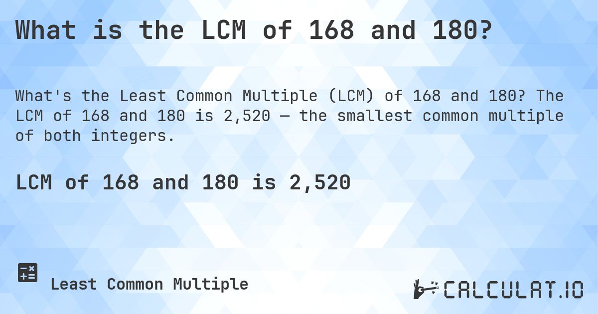 What is the LCM of 168 and 180?. The LCM of 168 and 180 is 2,520 — the smallest common multiple of both integers.
