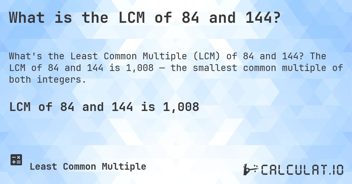 What is the LCM of 84 and 144?. The LCM of 84 and 144 is 1,008 — the smallest common multiple of both integers.
