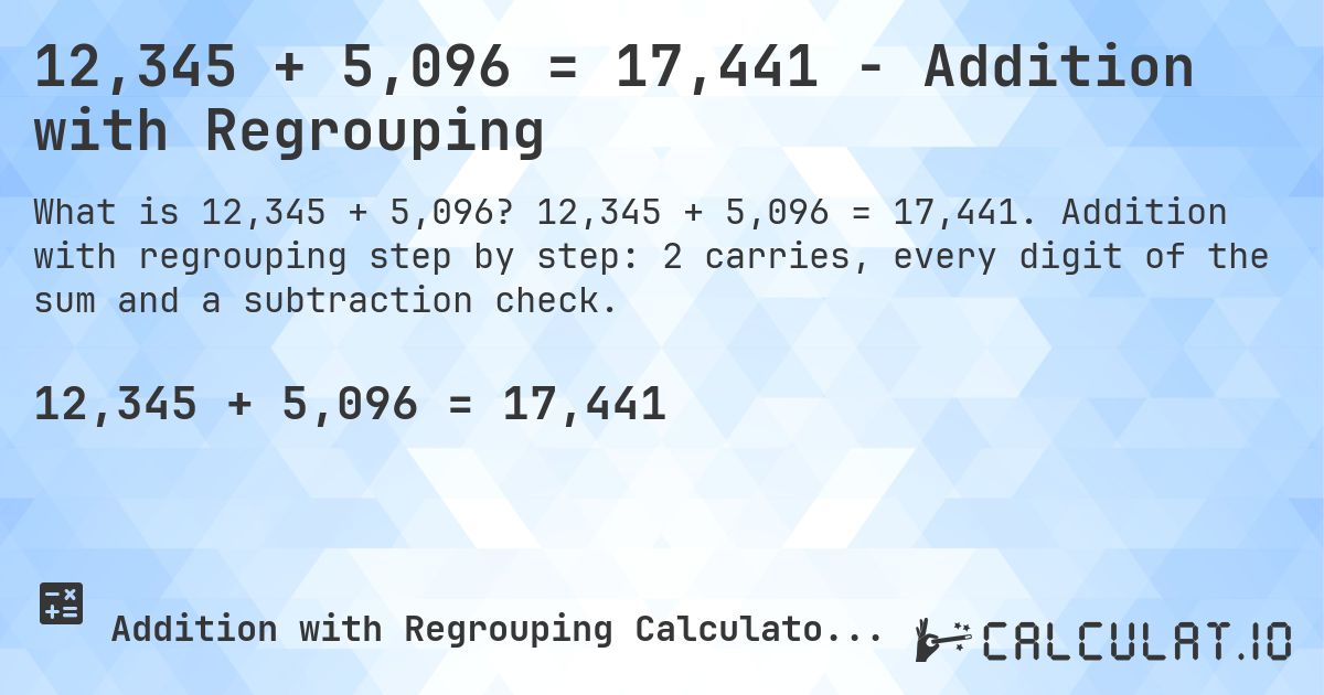 12,345 + 5,096 = 17,441 - Addition with Regrouping. 12,345 + 5,096 = 17,441. Addition with regrouping step by step: 2 carries, every digit of the sum and a subtraction check.