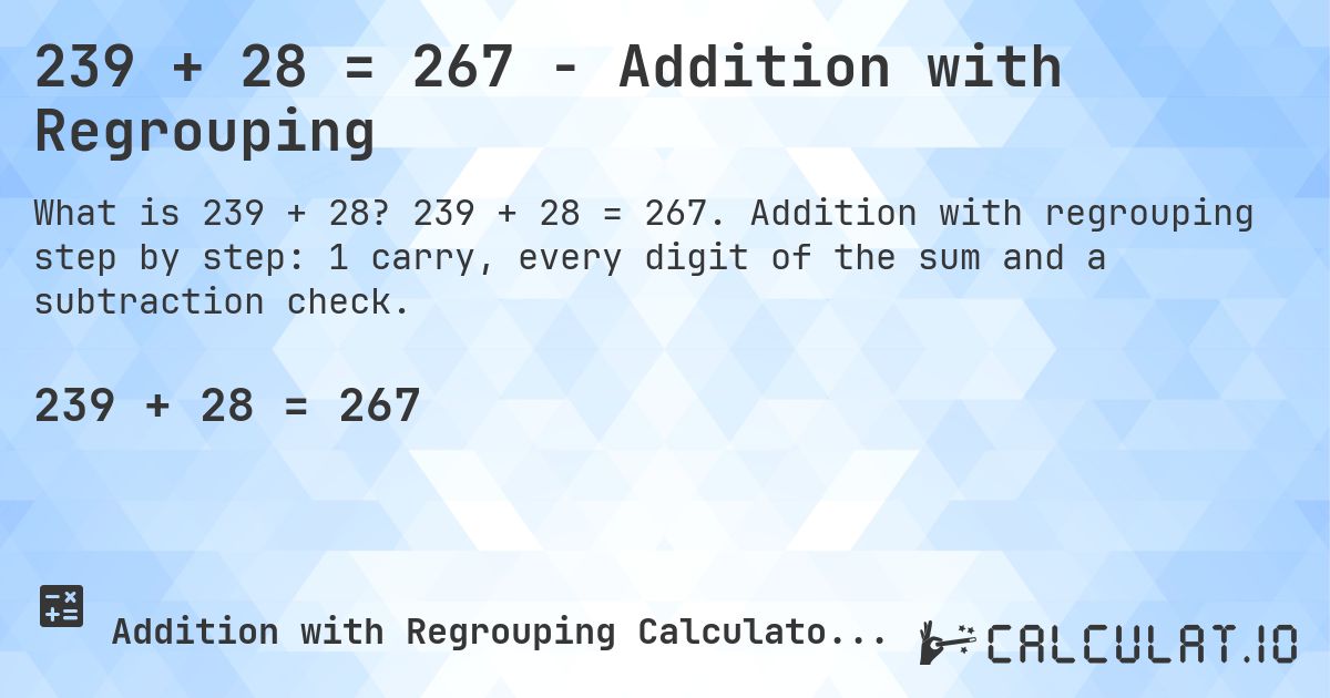 239 + 28 = 267 - Addition with Regrouping. 239 + 28 = 267. Addition with regrouping step by step: 1 carry, every digit of the sum and a subtraction check.
