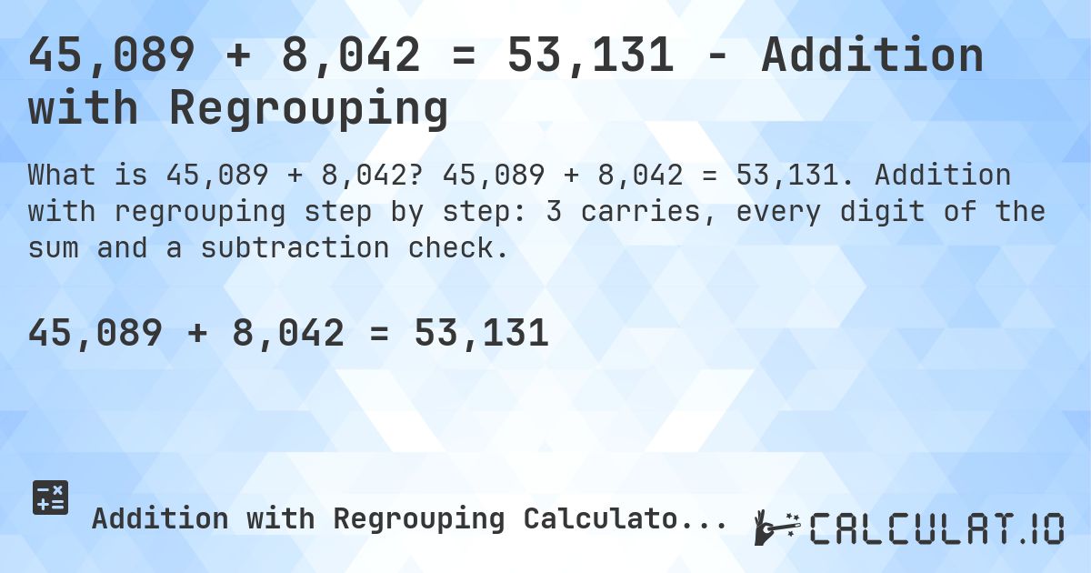 45,089 + 8,042 = 53,131 - Addition with Regrouping. 45,089 + 8,042 = 53,131. Addition with regrouping step by step: 3 carries, every digit of the sum and a subtraction check.