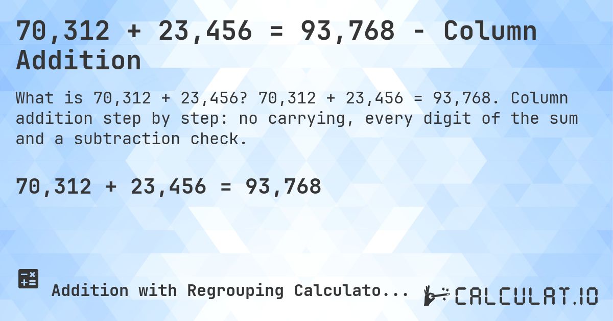70,312 + 23,456 = 93,768 - Column Addition. 70,312 + 23,456 = 93,768. Column addition step by step: no carrying, every digit of the sum and a subtraction check.