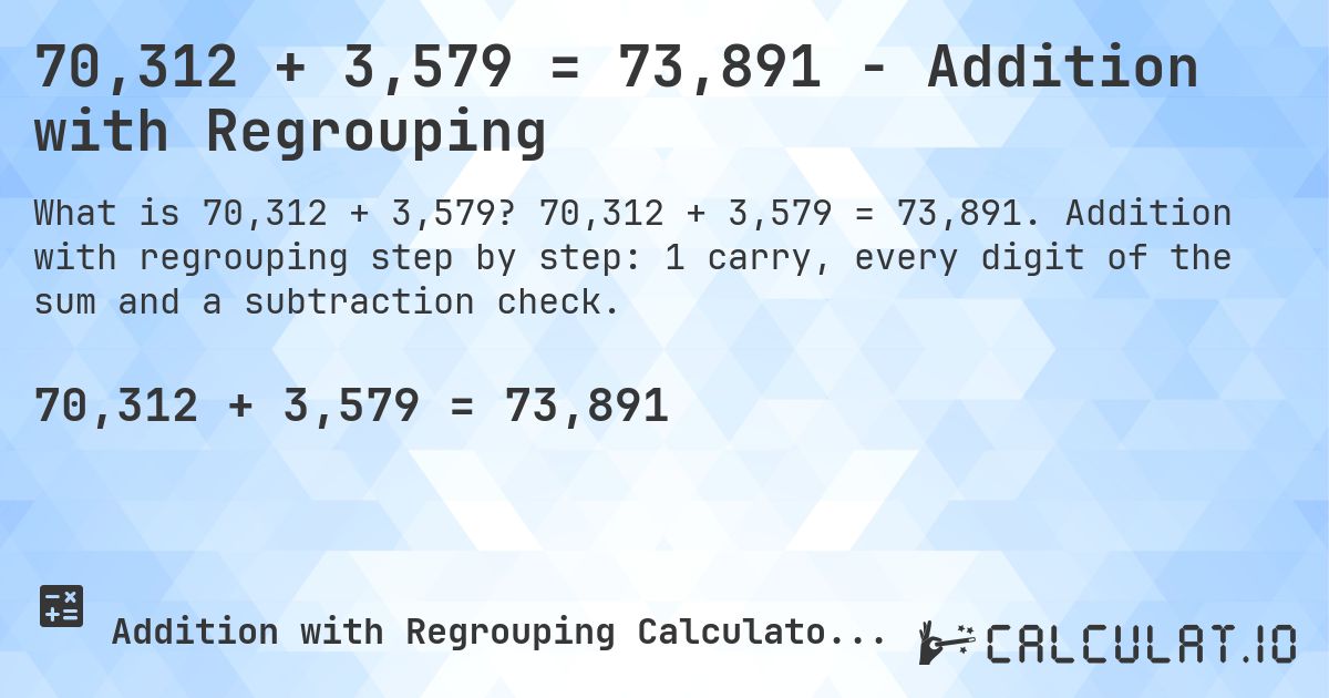 70,312 + 3,579 = 73,891 - Addition with Regrouping. 70,312 + 3,579 = 73,891. Addition with regrouping step by step: 1 carry, every digit of the sum and a subtraction check.