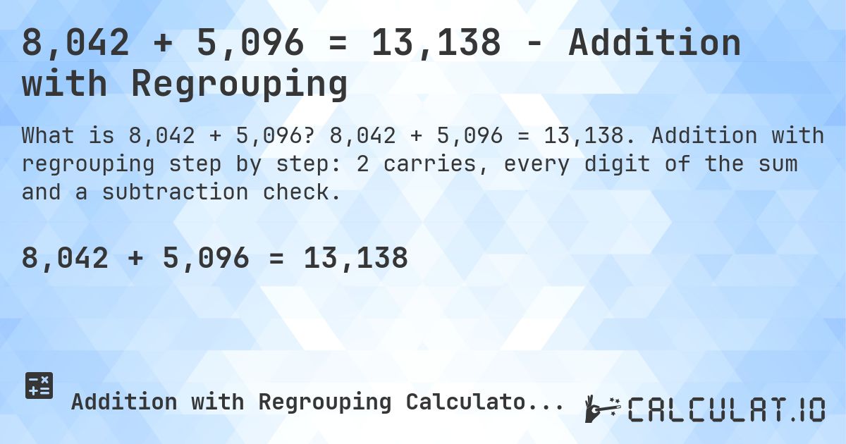 8,042 + 5,096 = 13,138 - Addition with Regrouping. 8,042 + 5,096 = 13,138. Addition with regrouping step by step: 2 carries, every digit of the sum and a subtraction check.