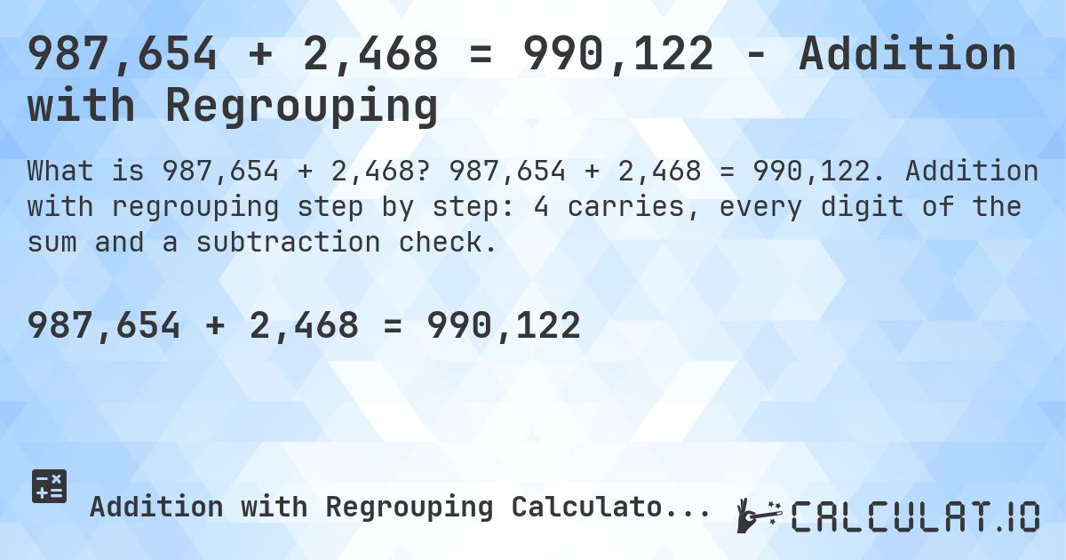 987,654 + 2,468 = 990,122 - Addition with Regrouping. 987,654 + 2,468 = 990,122. Addition with regrouping step by step: 4 carries, every digit of the sum and a subtraction check.