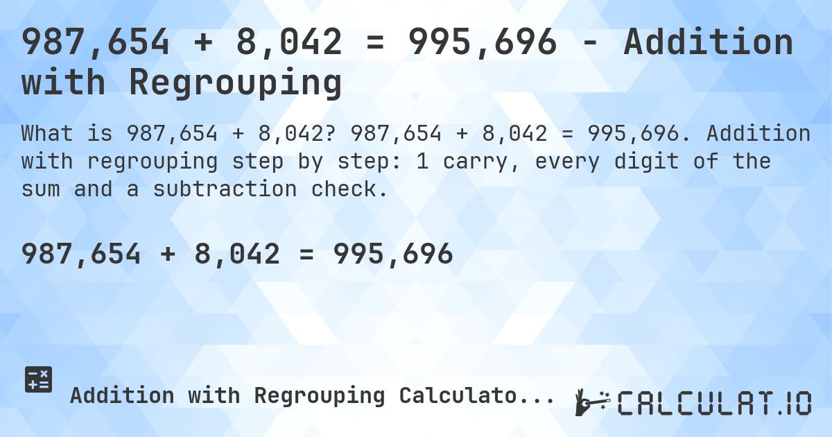 987,654 + 8,042 = 995,696 - Addition with Regrouping. 987,654 + 8,042 = 995,696. Addition with regrouping step by step: 1 carry, every digit of the sum and a subtraction check.