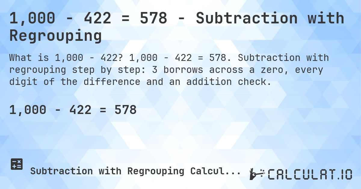 1,000 − 422 = 578 - Subtraction with Regrouping. 1,000 − 422 = 578. Subtraction with regrouping step by step: 3 borrows across a zero, every digit of the difference and an addition check.