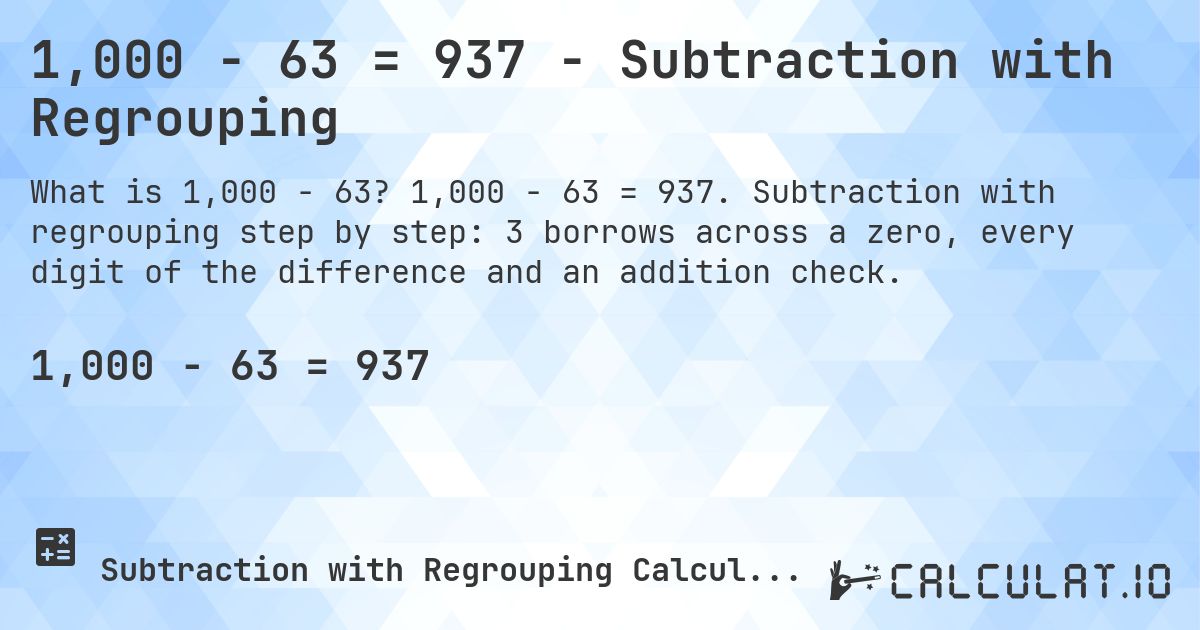 1,000 − 63 = 937 - Subtraction with Regrouping. 1,000 − 63 = 937. Subtraction with regrouping step by step: 3 borrows across a zero, every digit of the difference and an addition check.