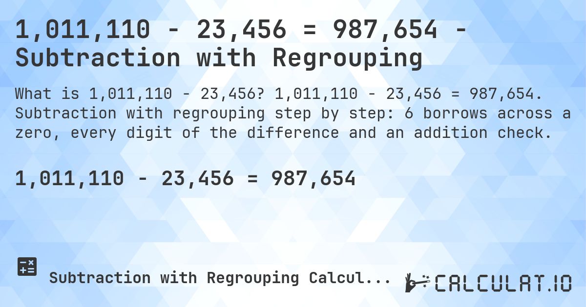 1,011,110 − 23,456 = 987,654 - Subtraction with Regrouping. 1,011,110 − 23,456 = 987,654. Subtraction with regrouping step by step: 6 borrows across a zero, every digit of the difference and an addition check.